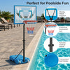 Pool basketball hoop with adjustable height, shatterproof backboard, and weighted base for stable poolside play.