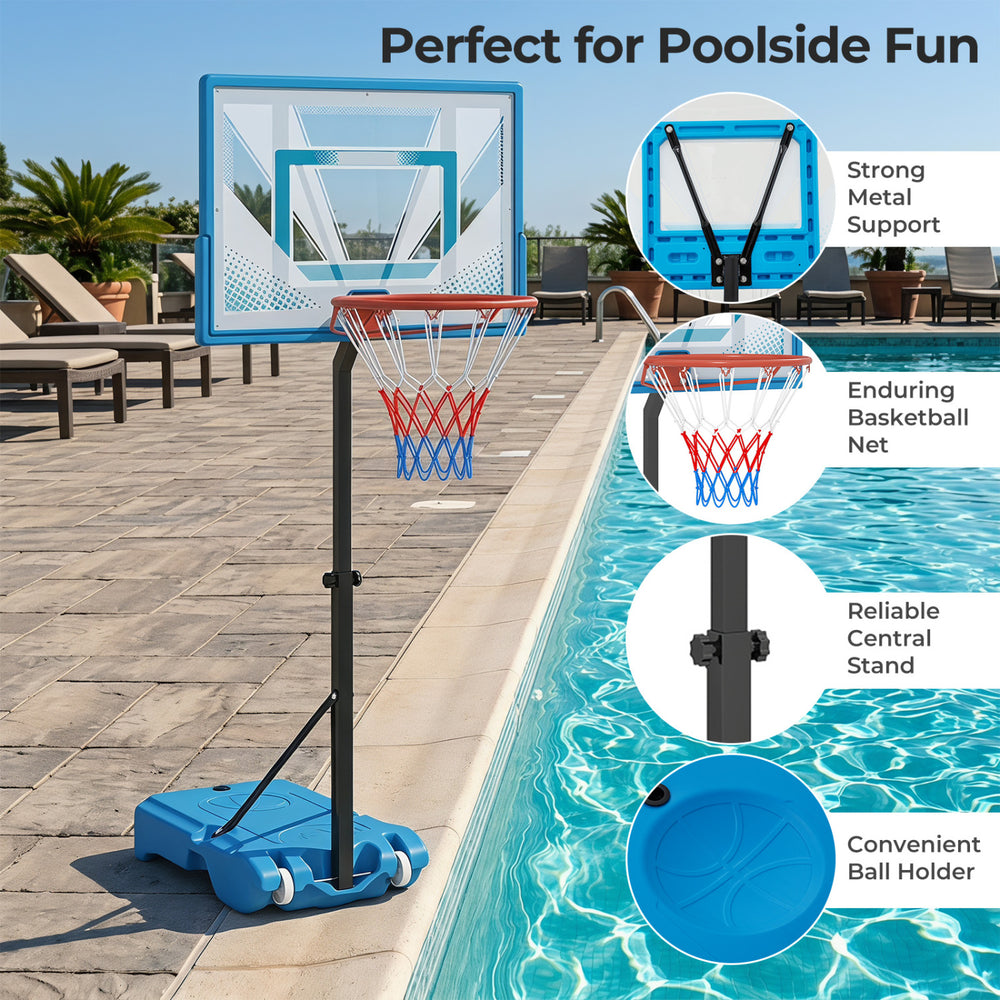 Pool basketball hoop with adjustable height, shatterproof backboard, and weighted base for stable poolside play.