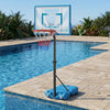 Pool basketball hoop featuring a sturdy metal support frame and convenient ball holder for organized and fun gameplay.