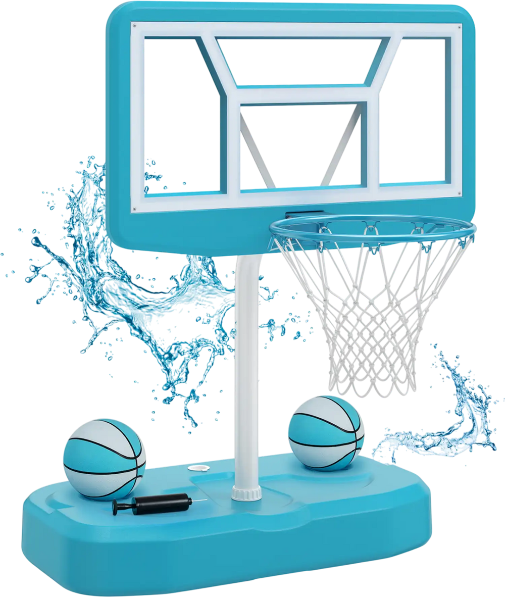Pool basketball hoop set in blue with shatterproof backboard, includes 2 balls and pump for water games.