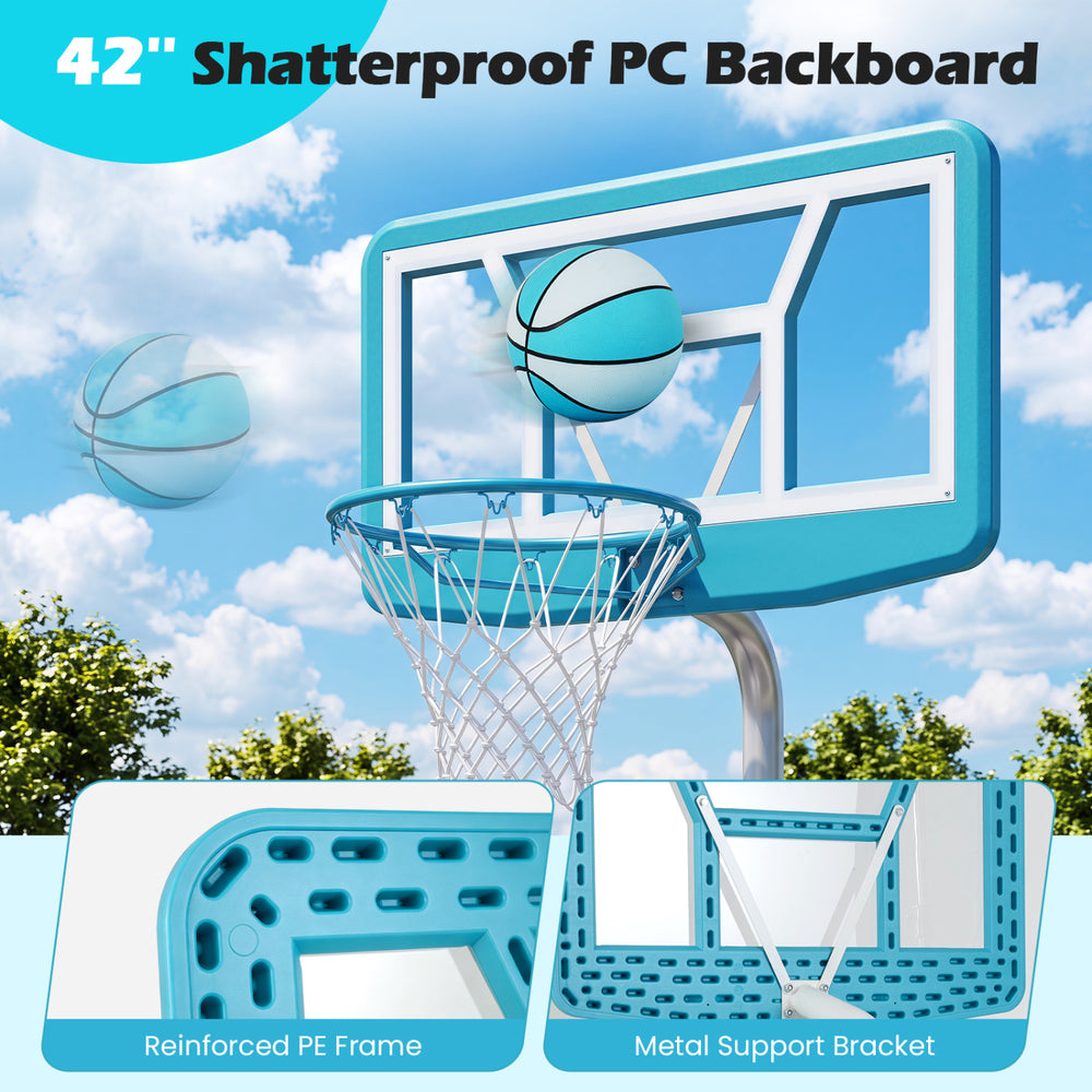 42" shatterproof PC backboard basketball hoop set in blue, designed for pool games, includes 2 balls and a pump.