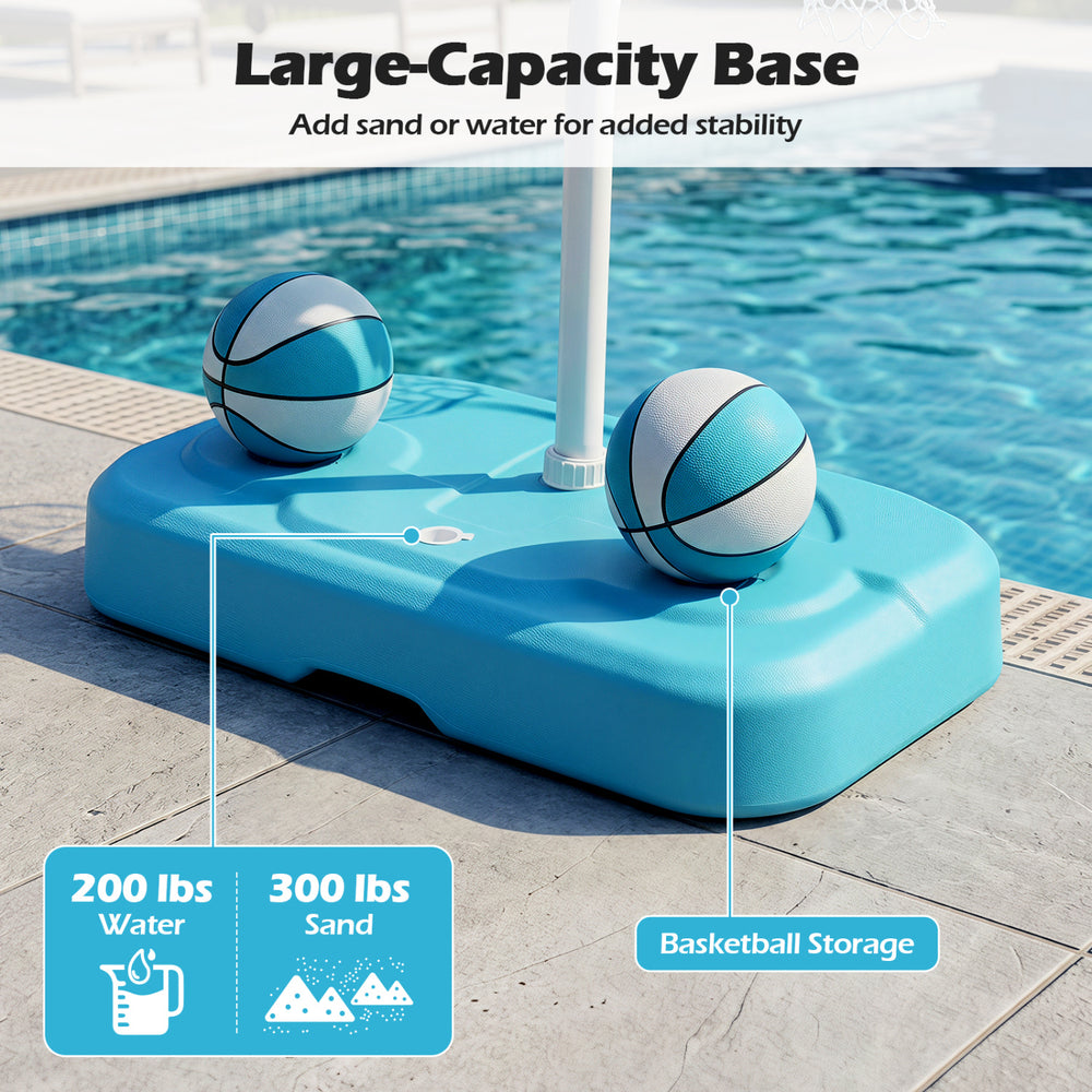 Large-capacity blue base for the pool basketball hoop set, holds 200 lbs of water or 300 lbs of sand for stability.