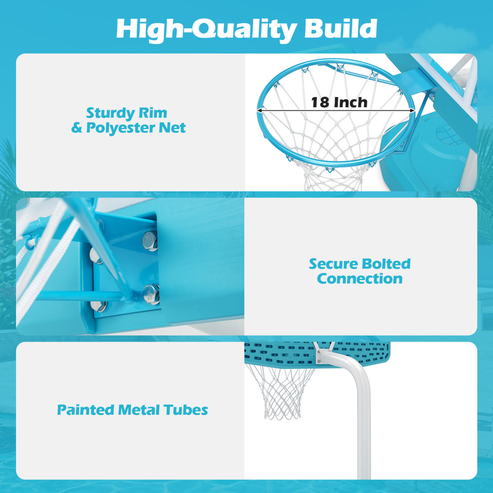 Sturdy 18-inch rim and polyester net of the blue pool basketball hoop set, ideal for summer water games and fun.