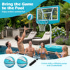 Pool basketball hoop set in blue with shatterproof backboard, includes 2 balls and pump for summer water games.