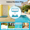 Pool basketball hoop set in blue with shatterproof backboard, weighted base, and includes 2 balls for indoor or outdoor play.