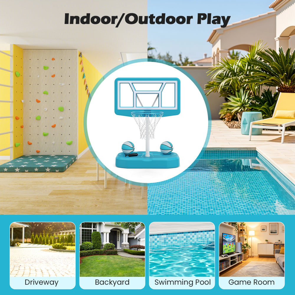 Pool basketball hoop set in blue with shatterproof backboard, weighted base, and includes 2 balls for indoor or outdoor play.