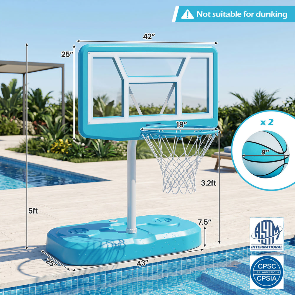 Pool basketball hoop set in blue with shatterproof backboard, weighted base, and includes 2 balls for water games.