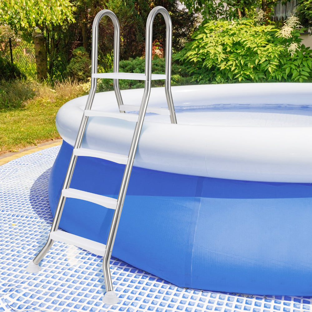 A-Frame 4-step pool ladder made of stainless steel, designed for above ground pools with 55" wall height, featuring.