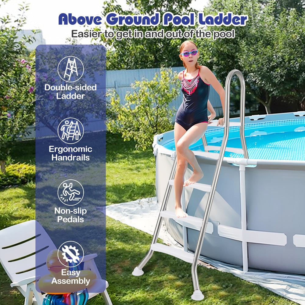 A-frame above ground pool ladder with stainless steel construction, non-slip steps, and ergonomic handrails for safety.
