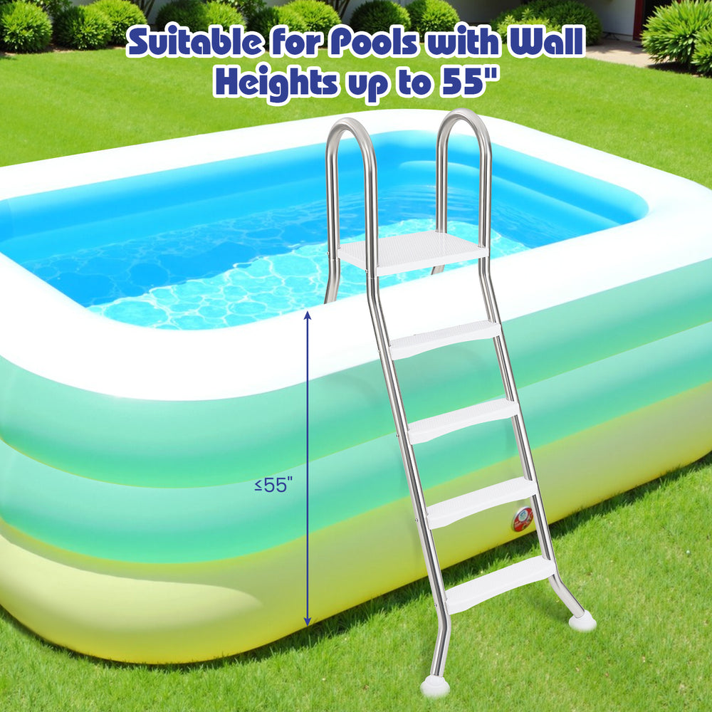 A-frame 4-step pool ladder made of stainless steel, suitable for pools with wall heights up to 55", featuring non-slip.