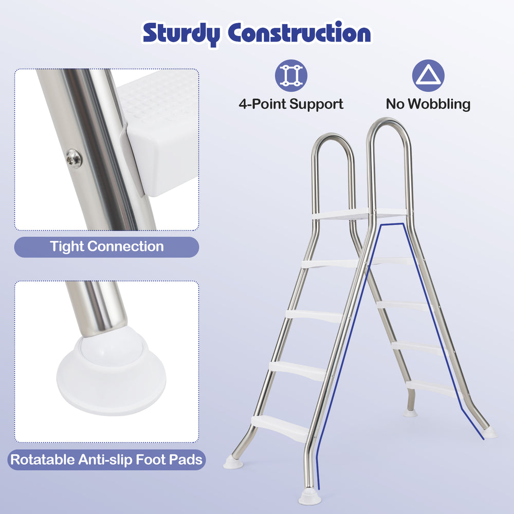 A-frame 4-step pool ladder made of heavy-duty stainless steel, designed for pools up to 55" wall height, featuring.