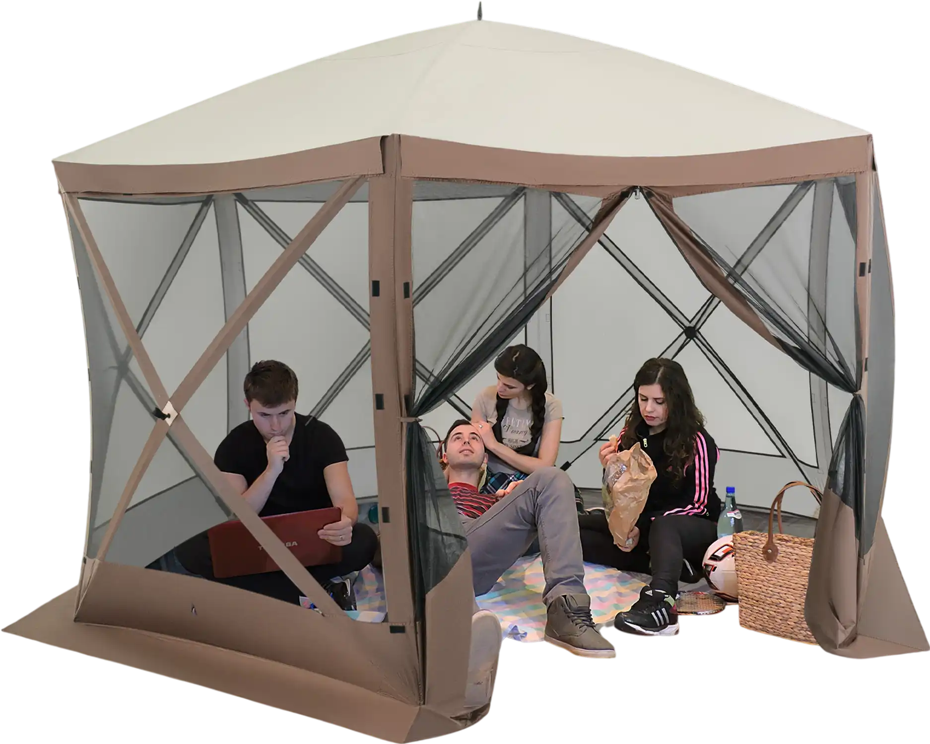 Costway 6-Sided Pop-Up Gazebo Screen House Hub Tent Mesh Walls Coffee 86714935 New