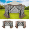 6-sided pop-up gazebo tent with mesh netting walls, coffee color, offering a spacious shaded area for outdoor use.