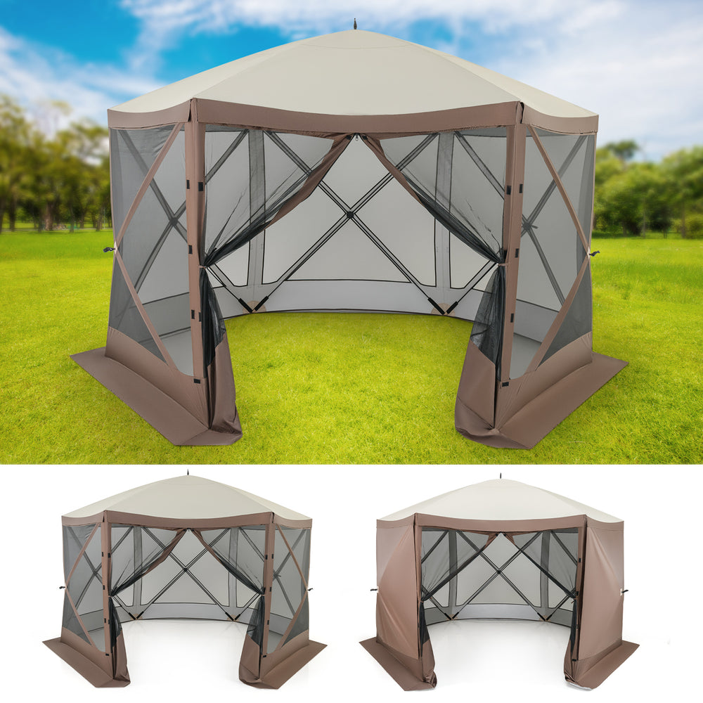 6-sided pop-up gazebo tent with mesh netting walls, coffee color, offering a spacious shaded area for outdoor use.