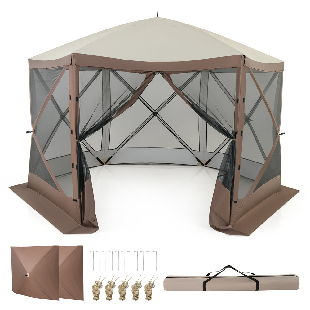 6-sided pop-up gazebo tent with mesh netting walls, coffee color, 11.5 x 11.5 ft, ideal for outdoor gatherings.