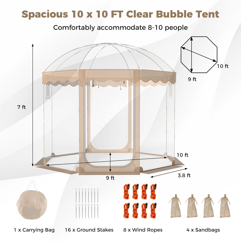 10x10 FT clear bubble tent with panoramic views, weatherproof design, and space for 8-10 people, ideal for outdoor.