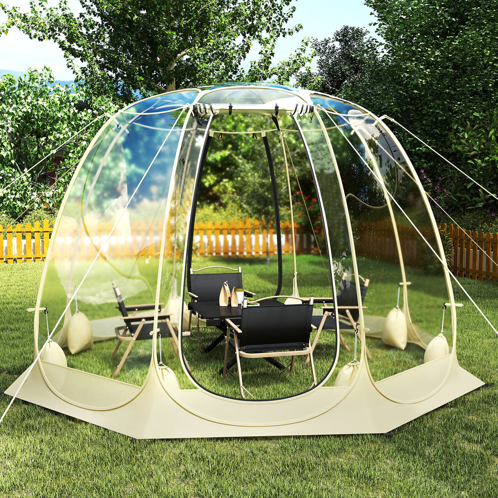 Pop-up bubble tent with transparent PVC walls, 8.5 x 8.5 FT, for 5-6 people, ideal for outdoor gatherings.