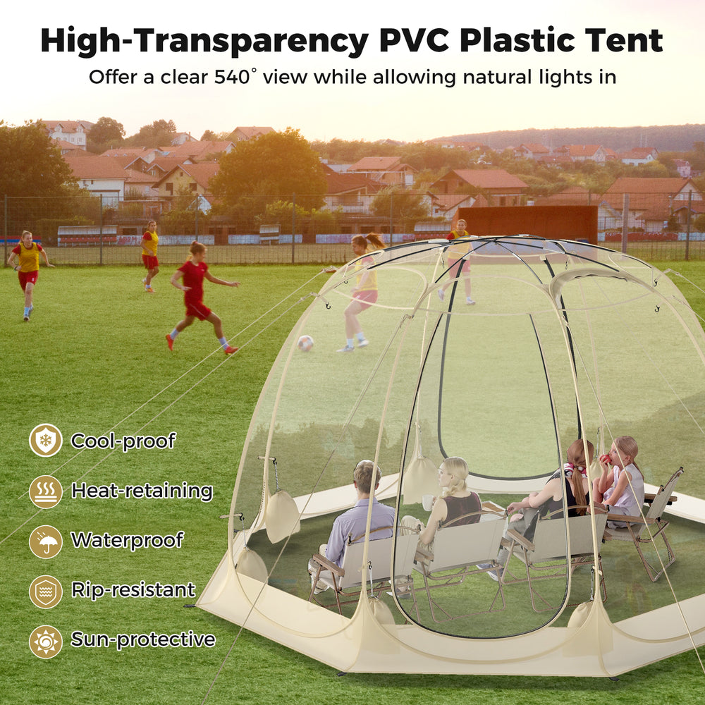 Pop Up Bubble Tent in beige, 8.5 x 8.5 FT, features transparent PVC walls for a 540° view, ideal for 5-6 people.