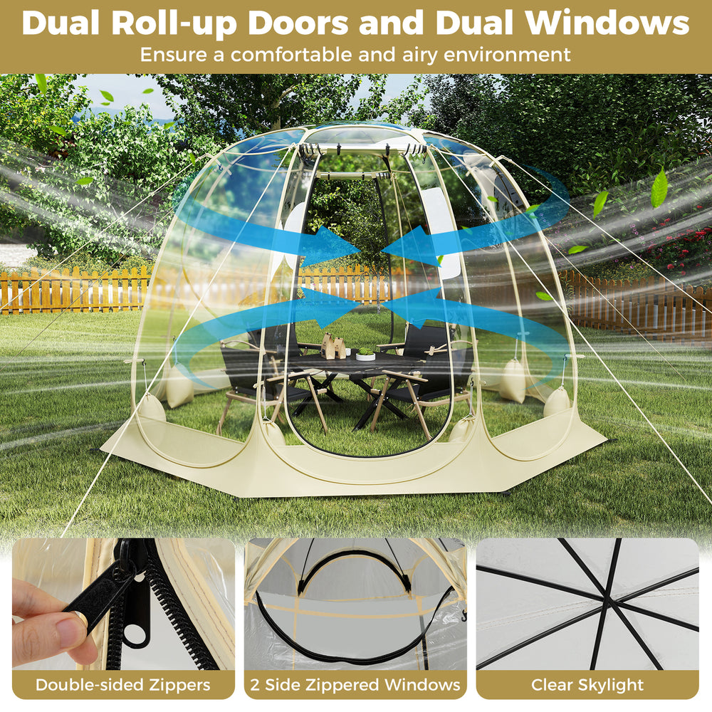 Pop Up Bubble Tent with transparent PVC, dual roll-up doors, and side windows for 5-6 people, ideal for outdoor.