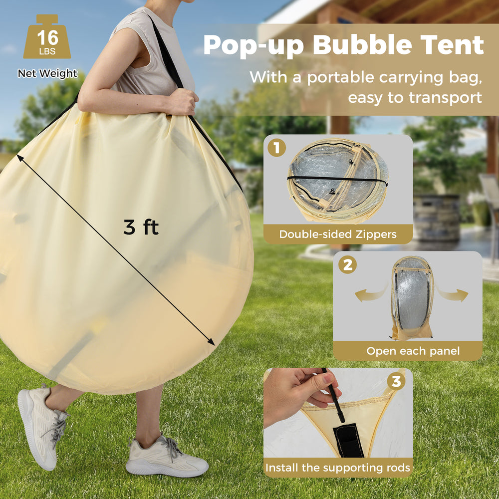 Pop-up Bubble Tent with transparent PVC, 8.5 x 8.5 ft, featuring dual-sided zippers and portable carrying bag for easy.