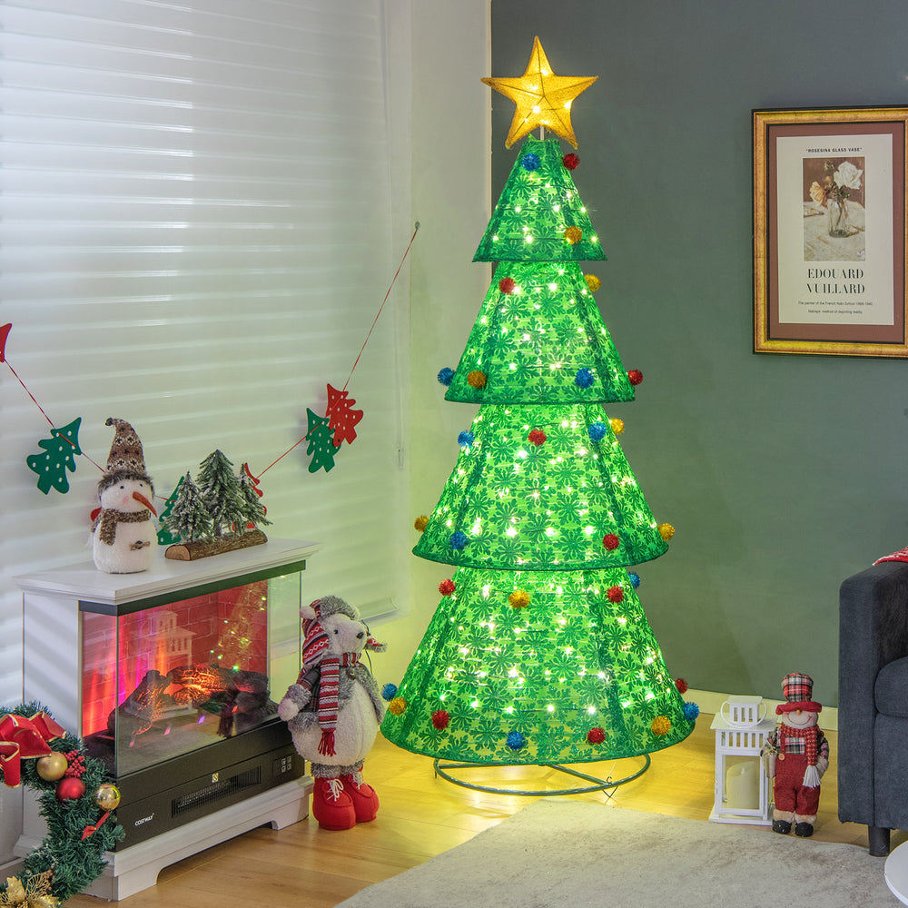 Pop-up Christmas tree with 200 warm white LED lights, colorful decorations, and a collapsible design for easy storage.