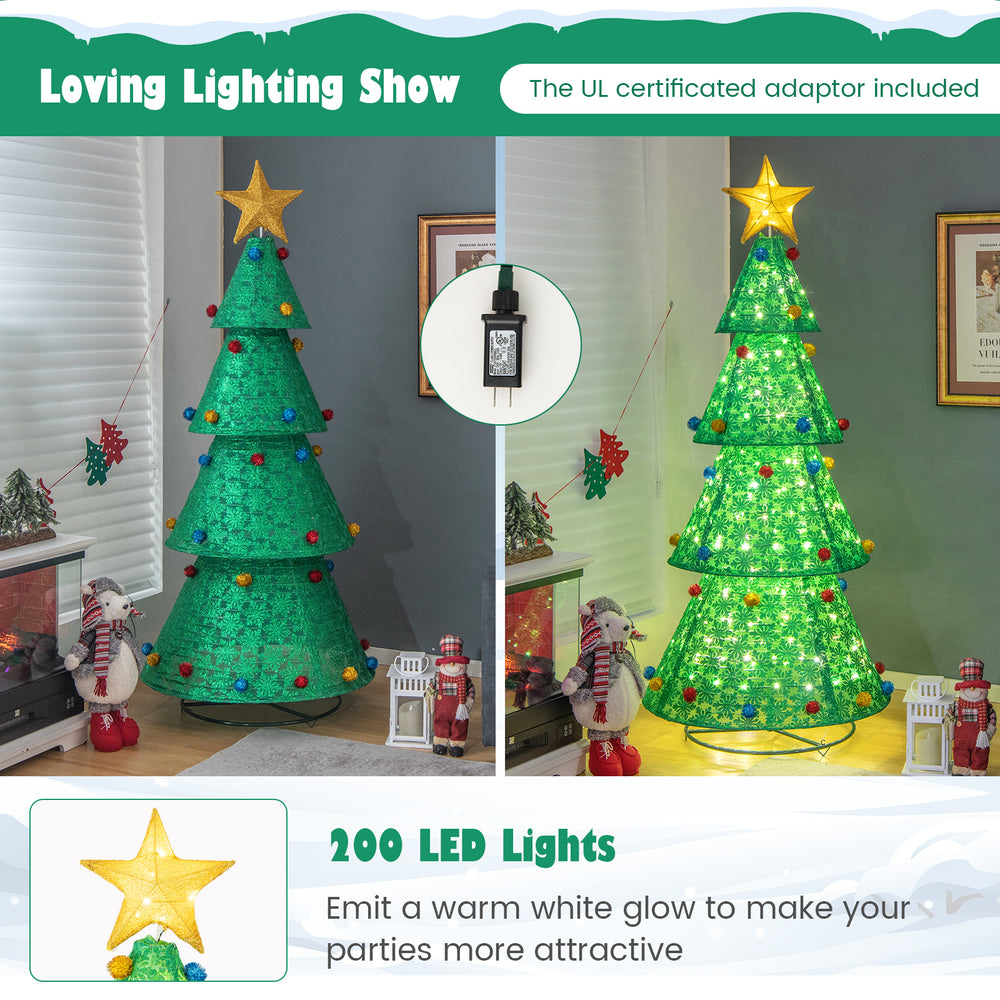 Pop-up Christmas tree showcasing a star topper and 200 warm white LED lights, ideal for festive indoor and outdoor.