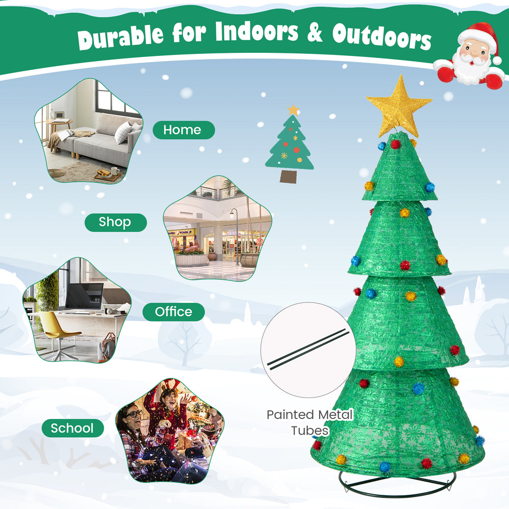 Pop-up Christmas tree with 200 warm white LED lights, colorful decorations, and durable design for indoor and outdoor.