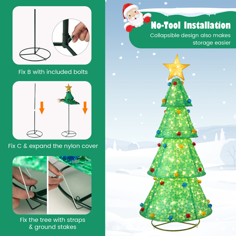 Pop-up Christmas tree with 200 warm white LED lights, featuring a collapsible design for easy storage and no-tool.