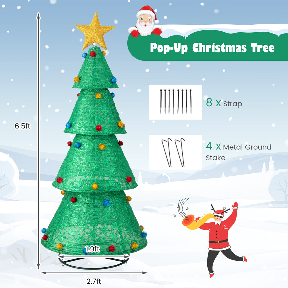 Pop-up Christmas tree with 200 warm white LED lights, colorful decorations, and collapsible design for easy storage.