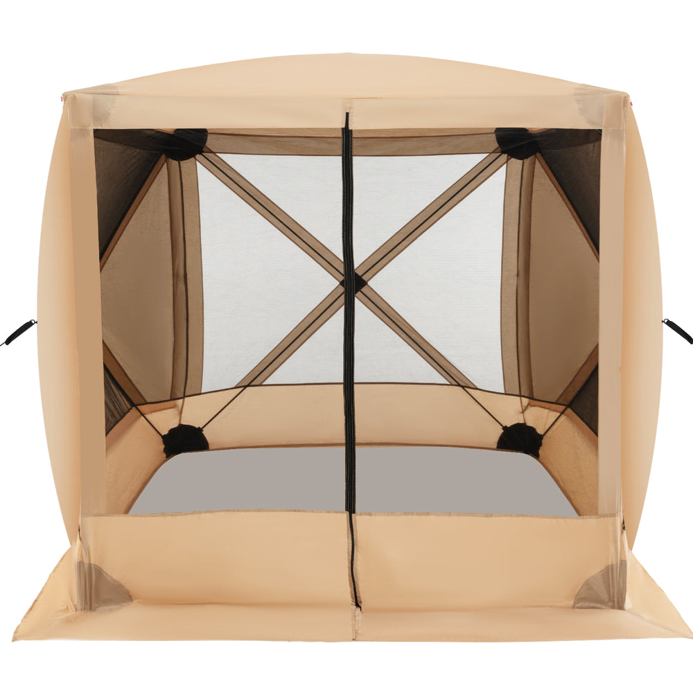Pop-up gazebo with mesh walls, 6.7 x 6.7 ft, coffee color, ideal for outdoor picnics and gatherings.