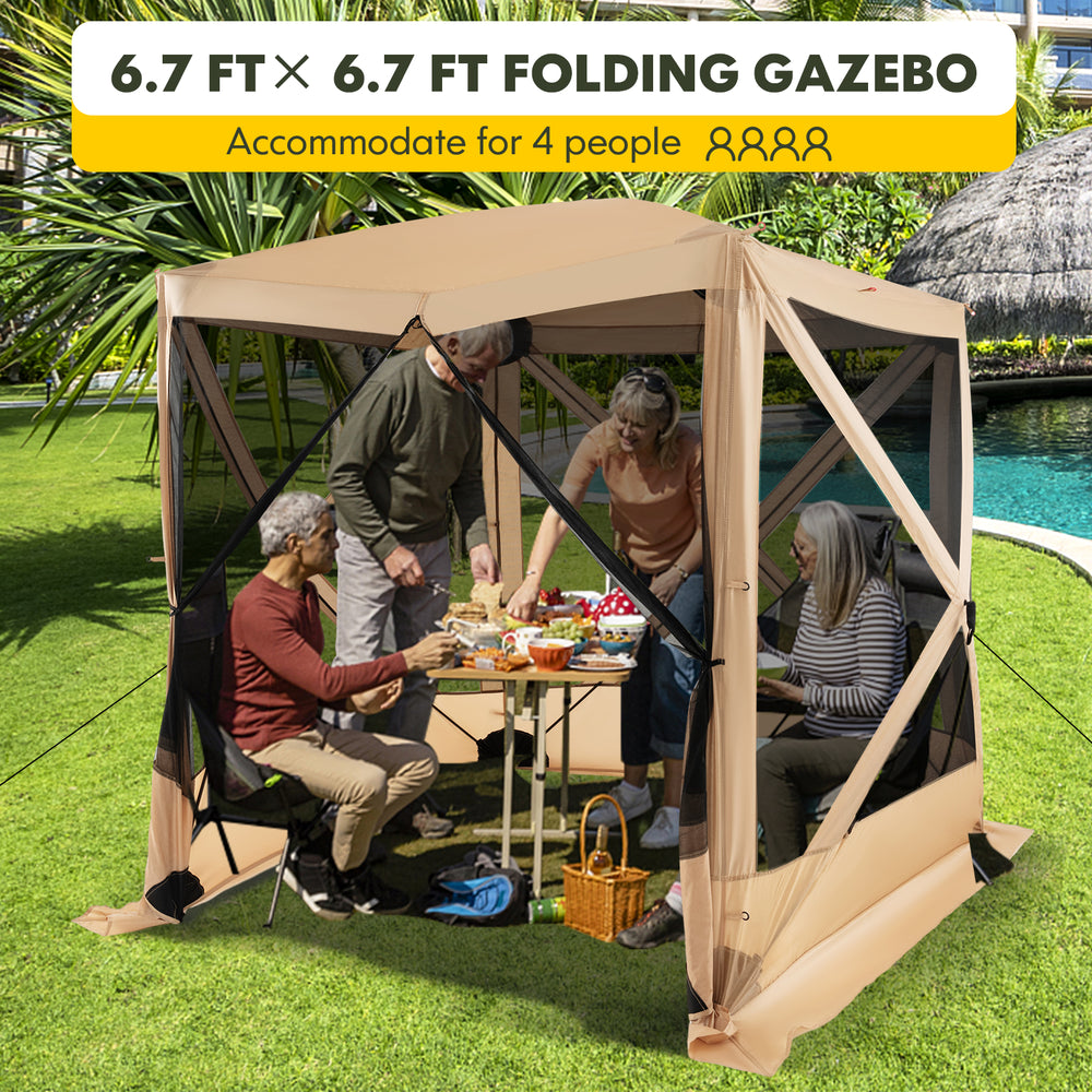 6.7 x 6.7 ft pop-up gazebo with mesh walls, accommodating 4 people, ideal for outdoor picnics and gatherings.