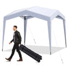 Pop up canopy tent in white with portable wheeled bag, ideal for outdoor events and easy to transport.