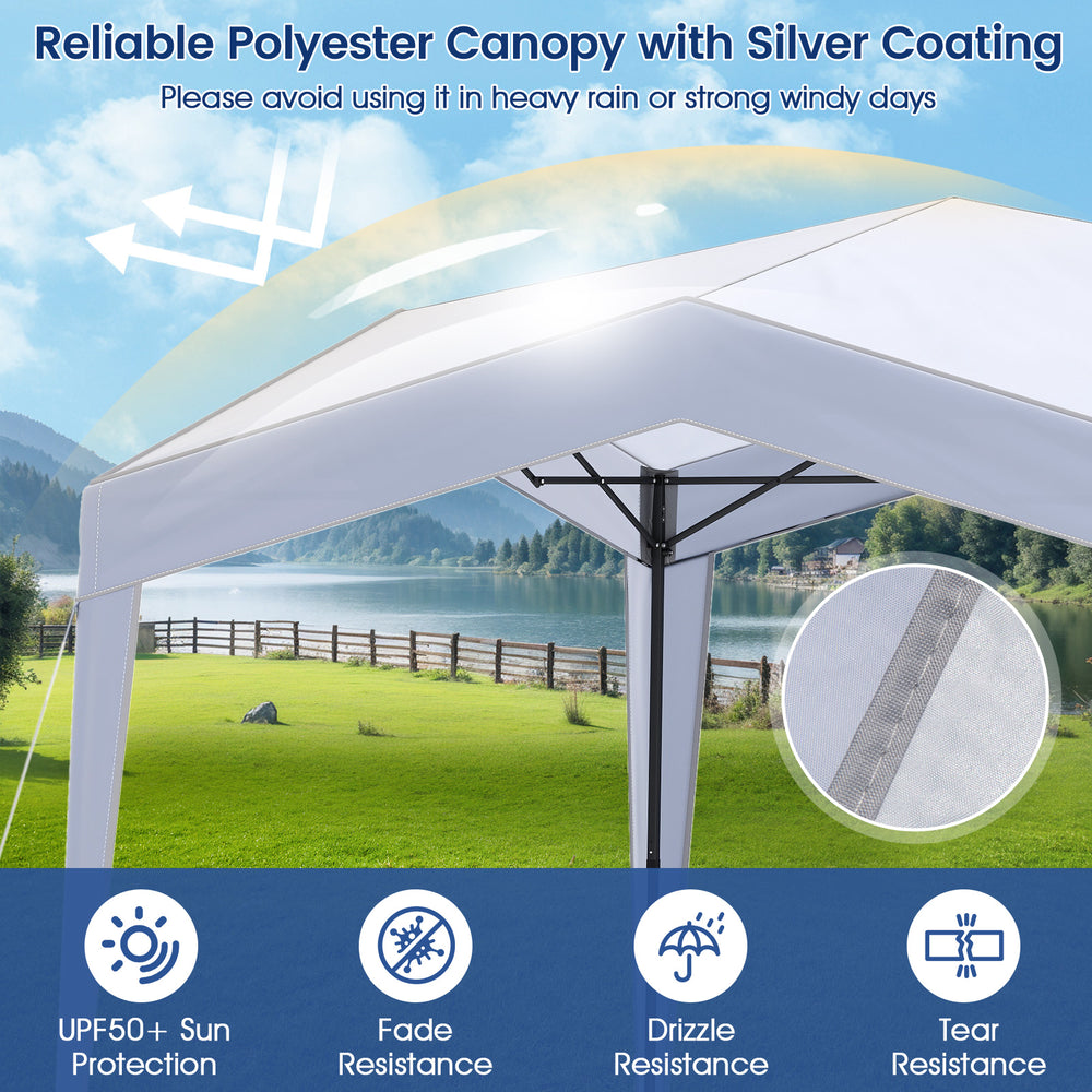 Pop up canopy tent with white polyester, UPF50+ sun protection, and sturdy truss connections for outdoor events.