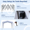 Pop up canopy tent setup steps showing frame assembly, canopy attachment, and leg securing for outdoor events.