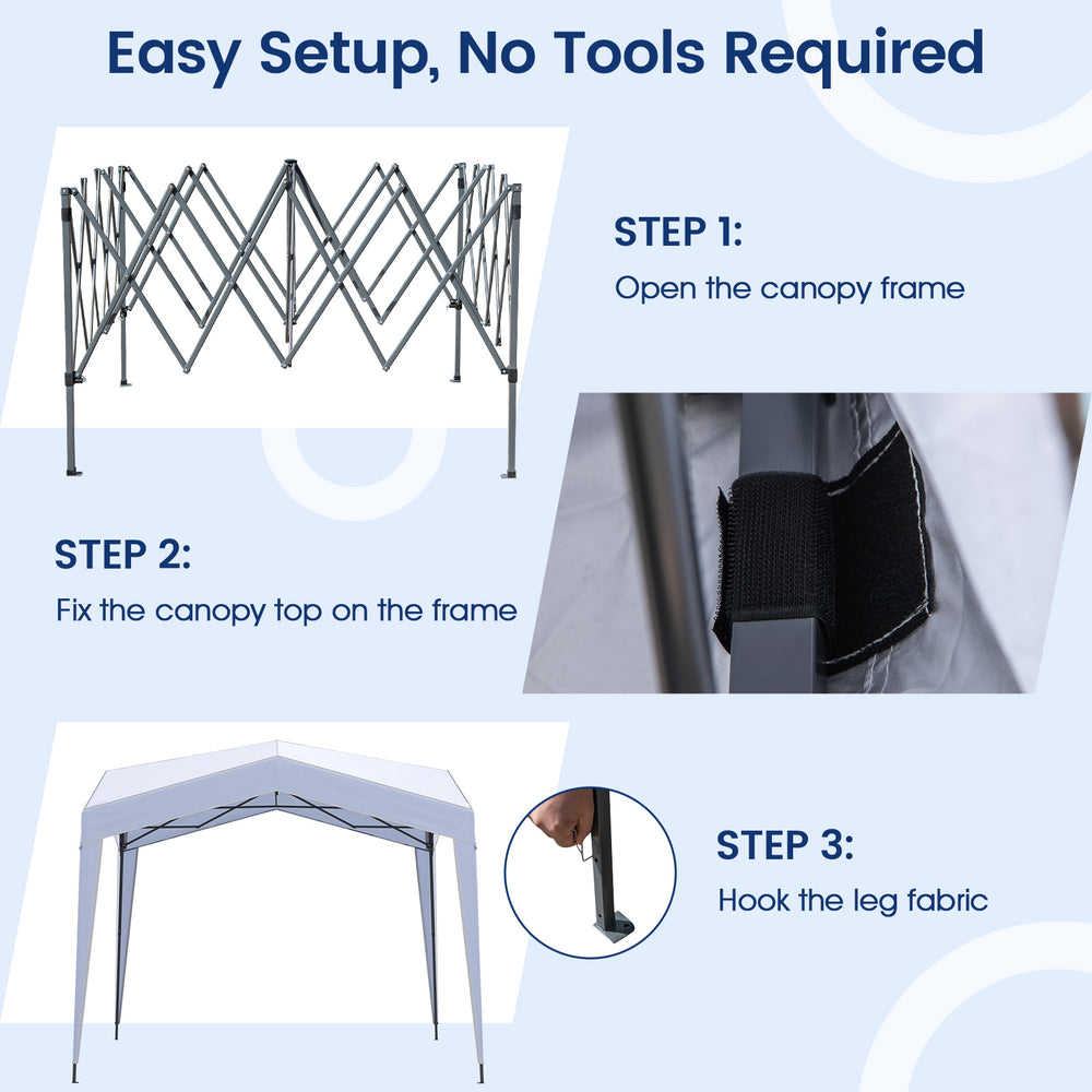 Pop up canopy tent setup steps showing frame assembly, canopy attachment, and leg securing for outdoor events.