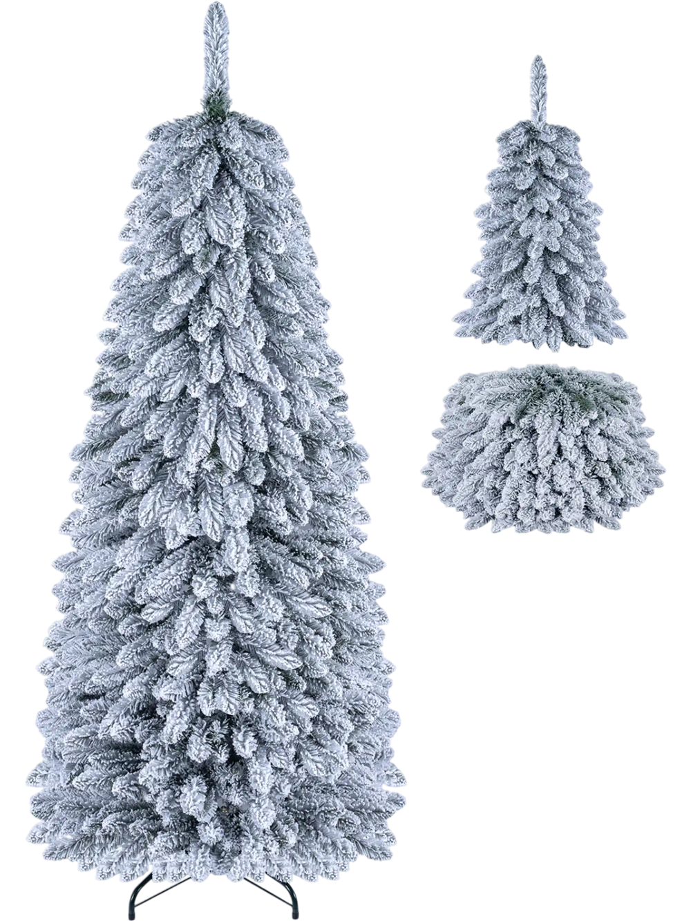 Snowy 6/7 FT collapsible Christmas tree with 545/705 branch tips and a foldable metal stand for easy holiday decoration.