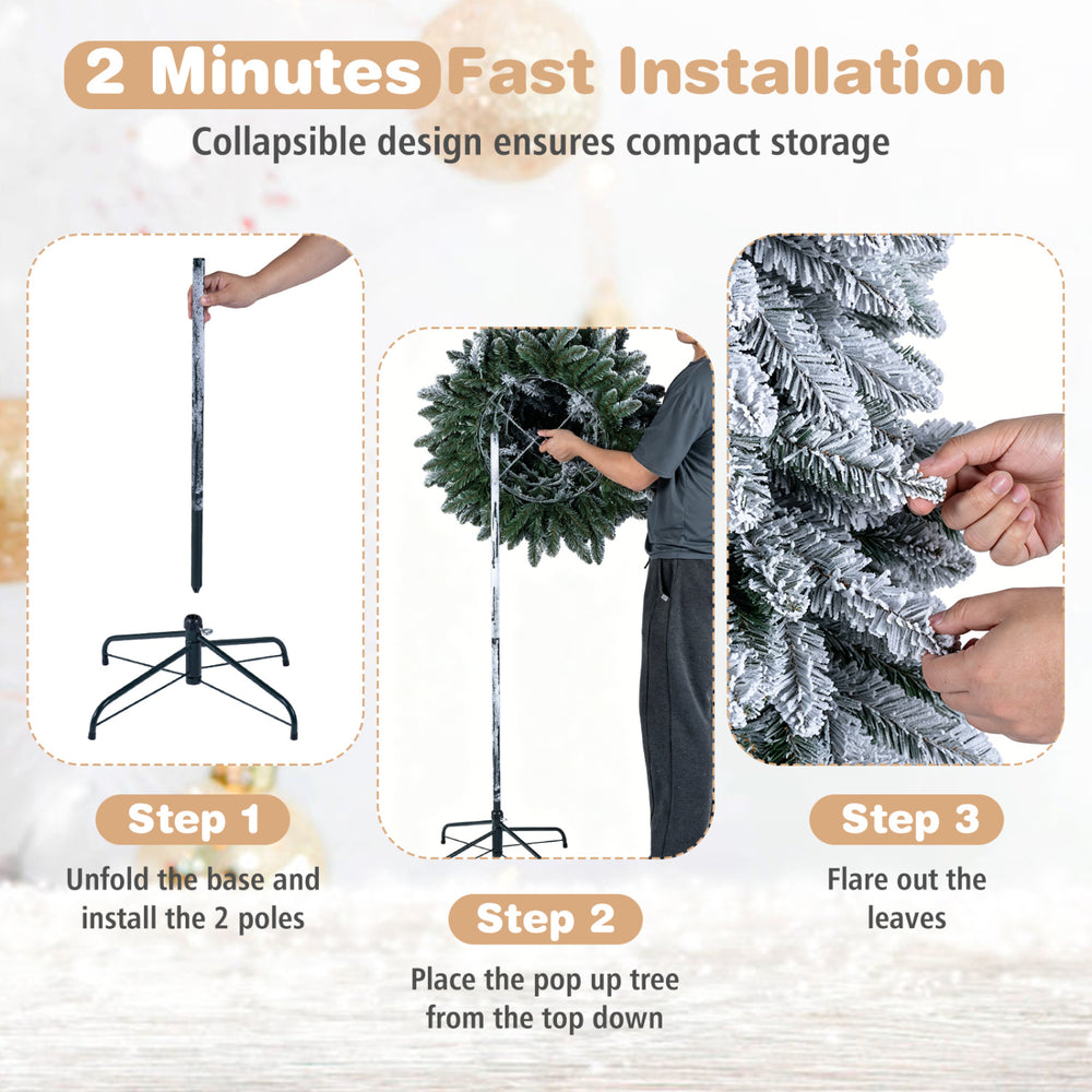 Collapsible 6/7 FT pop-up Christmas tree with snowy branch tips and folding metal stand for easy holiday decoration.