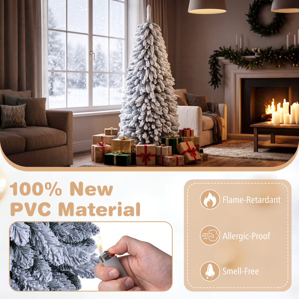 Collapsible 6/7 FT artificial Christmas tree with snowy branch tips, made of flame-retardant PVC, perfect for holiday decor.