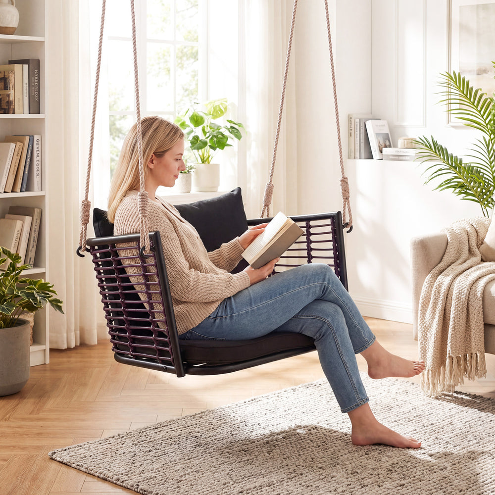 Porch Swing Patio Hanging Rattan Chair with Zippered Cushions and Rope-Black - Gallery View 1 of 11
