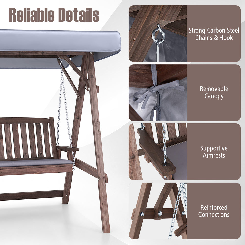 Close-up of the 2-person porch swing's strong carbon steel chains and removable canopy for outdoor relaxation.