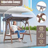 2-person porch swing with fir wood stand and adjustable silver-coated canopy for outdoor relaxation by the pool.