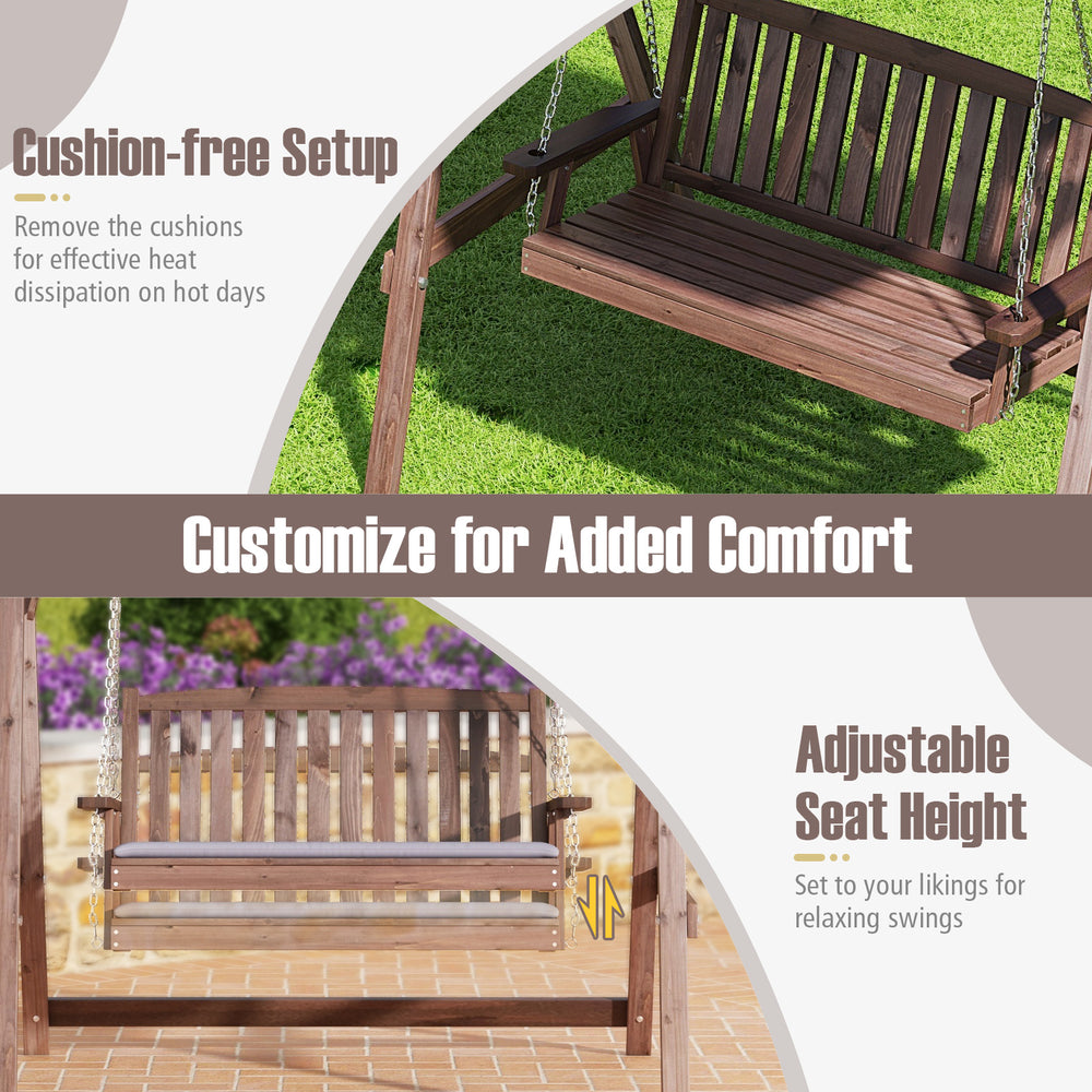 2-person porch swing with fir wood stand, adjustable seat height, and removable canopy for outdoor relaxation.