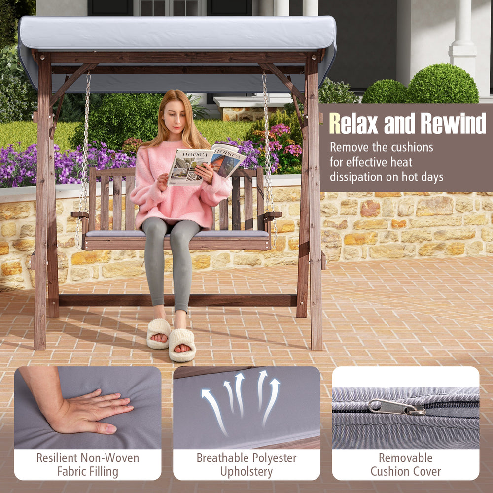 2-person porch swing with fir wood stand, adjustable canopy, and removable cushion for outdoor relaxation.
