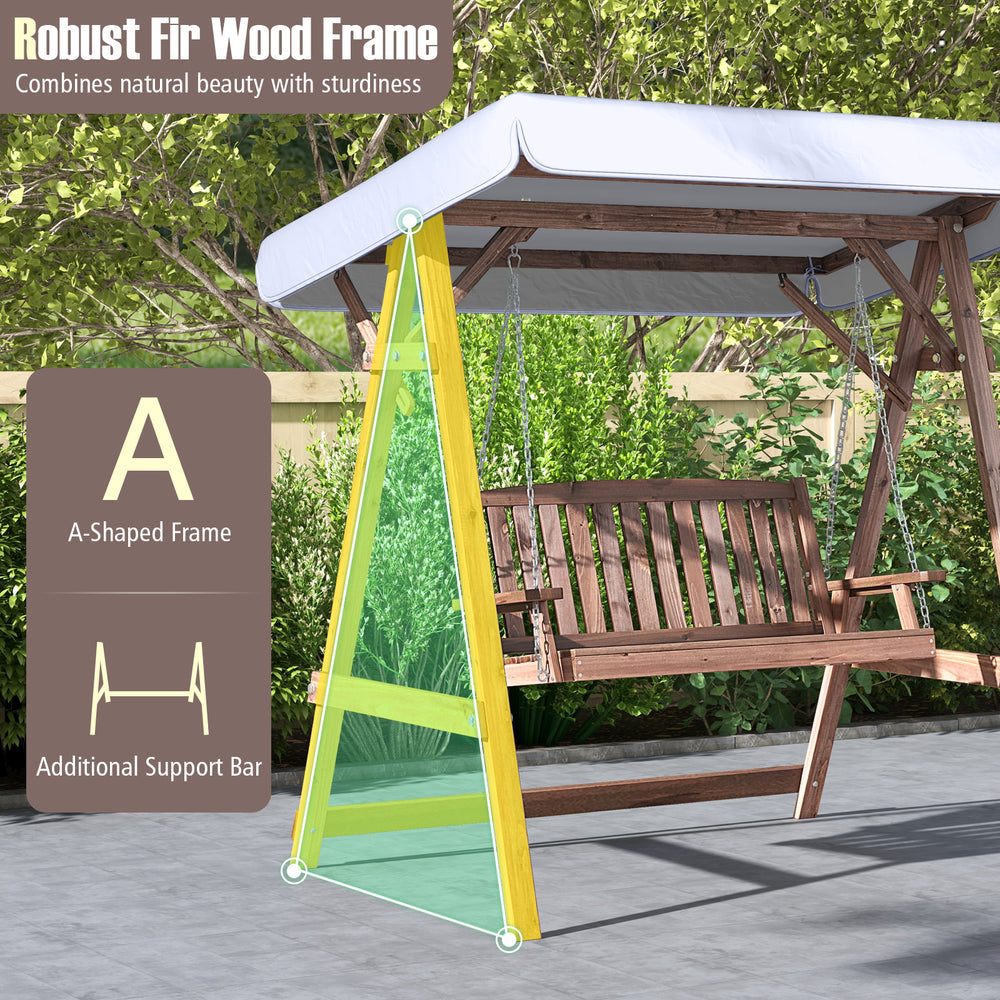 2-person porch swing with fir wood stand, adjustable tilt canopy, and supportive armrests for outdoor relaxation.