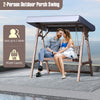 Front view of the 2-person porch swing showcasing the robust fir wood frame and plush seat cushions for outdoor comfort.