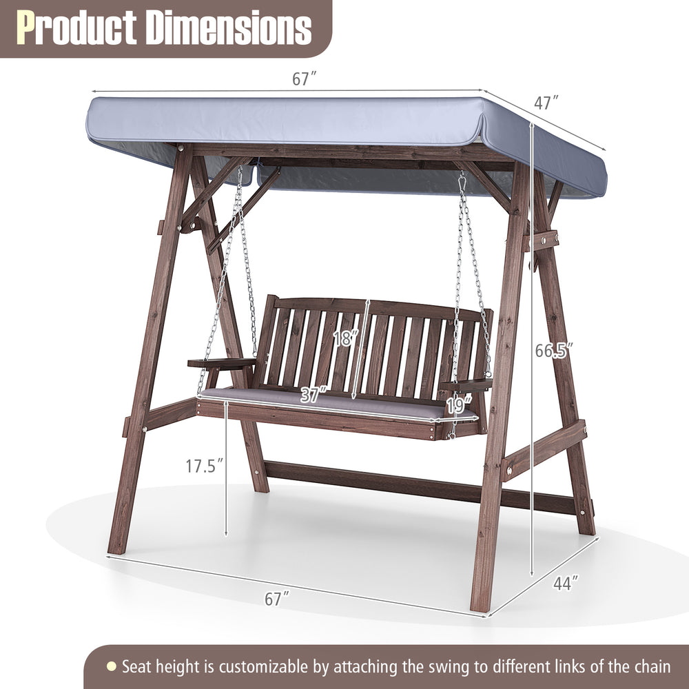 2-person porch swing with fir wood stand, adjustable tilt canopy, and removable cushions for outdoor relaxation.