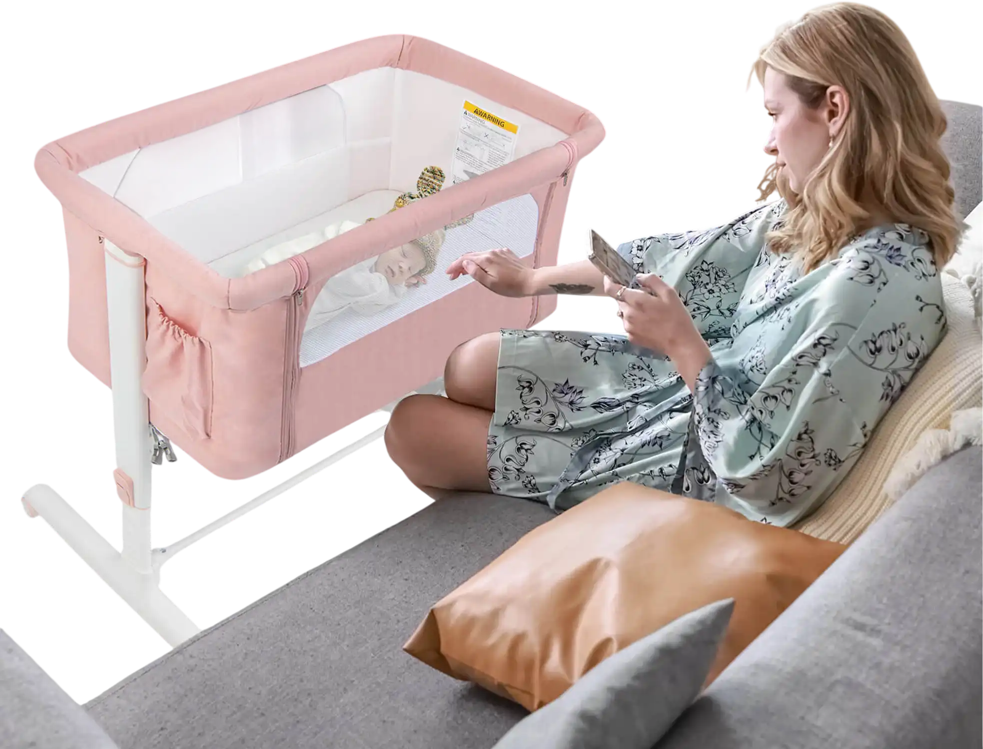 Costway Portable Baby Bedside Bassinet 5-Level Adjustable Heights Pink 69742531 New