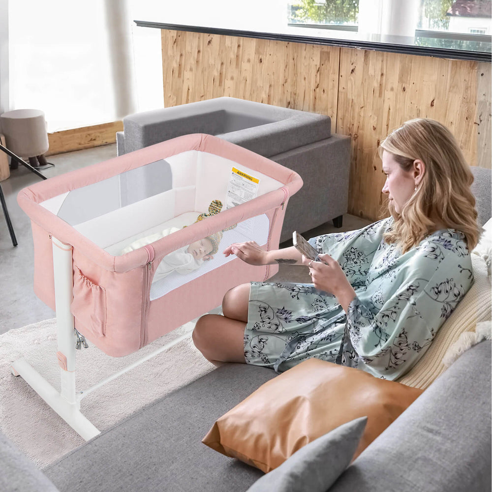 Portable Baby Bedside Bassinet with 5-level Adjustable Heights and Travel Bag-Pink - Gallery View 1 of 10
