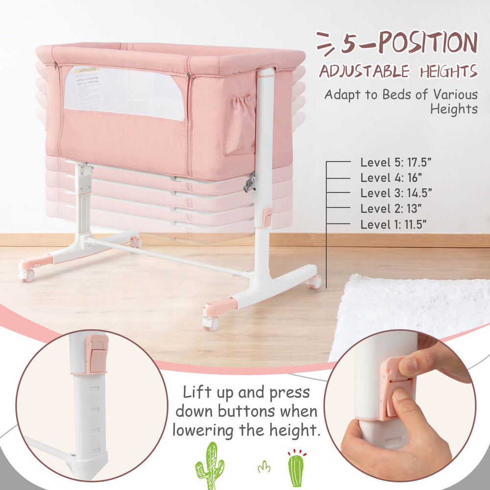 Portable baby bedside bassinet in pink with 5 adjustable heights, breathable mesh, and travel bag for easy mobility.