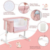 Portable pink baby bedside bassinet with adjustable height, breathable mesh, and side storage bag for convenience.